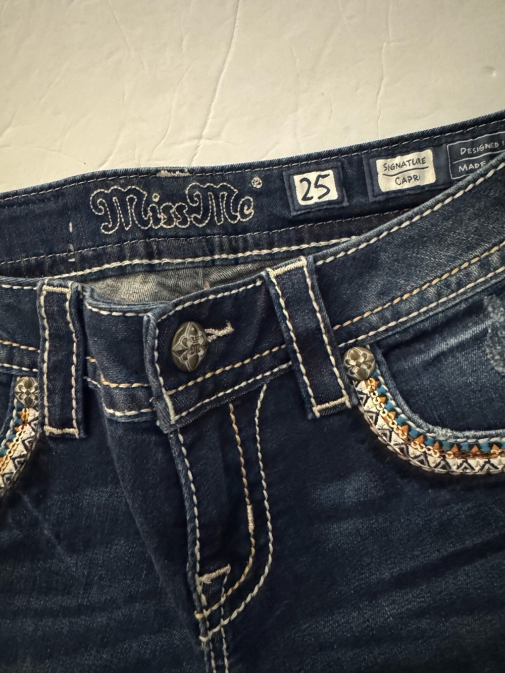 Miss Me Dark Blue Straight Leg Jeans with Embroidered Pocket Trim
